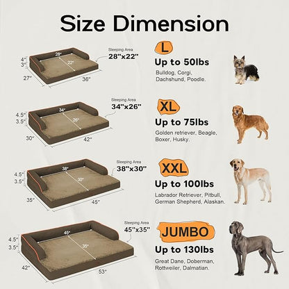 Large Dog Bed Orthopedic Washable: Extra Brown Large Big Dog Bed with Removable Bolster &amp; Memory Foam Couch Sofa - Waterproof Washable with Cover