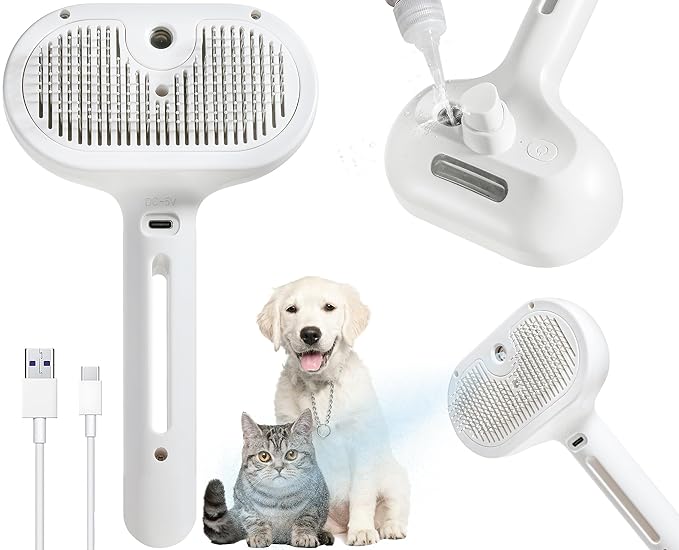 3-in-1 Steam Brush for Cats &amp; Dogs – Hair Removal Comb with One-Click Release &amp; Water Spray – Grooming Brush for Shedding, Long/Short Hair