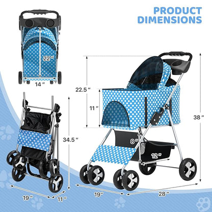 Magshion Foldable Pet Stroller, 3-in-1 Dog Travel Jogger with Detachable Carrier, Cup Holder, Storage Basket, Folding Carrier for Small/Medium Dogs &amp; Cats Up to 33 lbs, Sky Blue Polka Dots