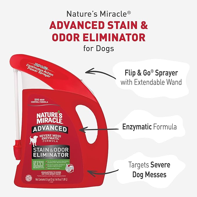 Nature’s Miracle Advanced Stain &amp; Odor Eliminator For Dogs With Flip &amp; Go Sprayer, 64 Ounces, Enzymatic Formula For Severe Dog Messes Including Urine, Feces, Diarrhea And Vomit Stains And Odors