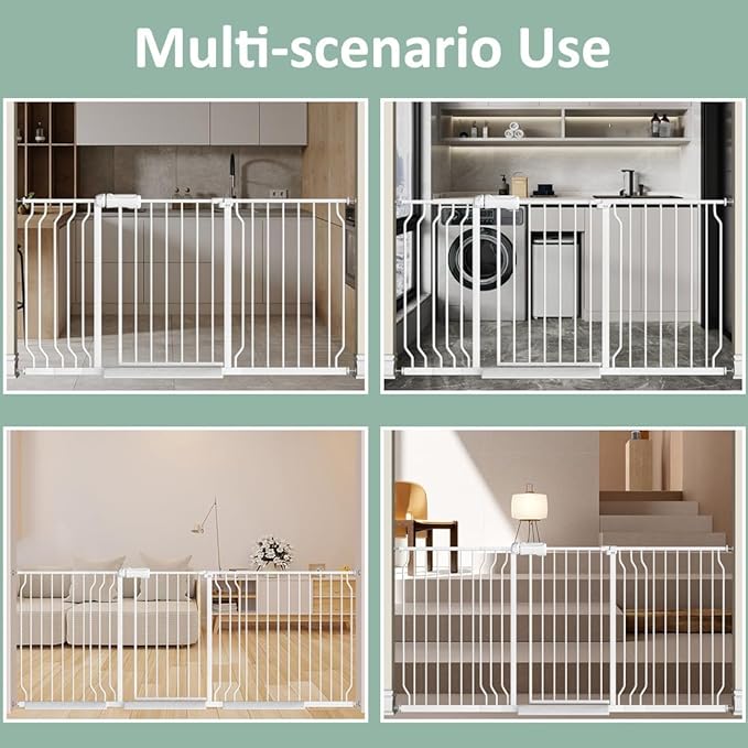57.5"-62" Extra Wide Auto Closing Baby Safety Gate for Stairs &amp; Doorways, Pressure Mounted No Drill Pet Gate with Walk-Through Door - Heavy Duty Childproof Gate for Toddlers, Kids, Dogs (White)
