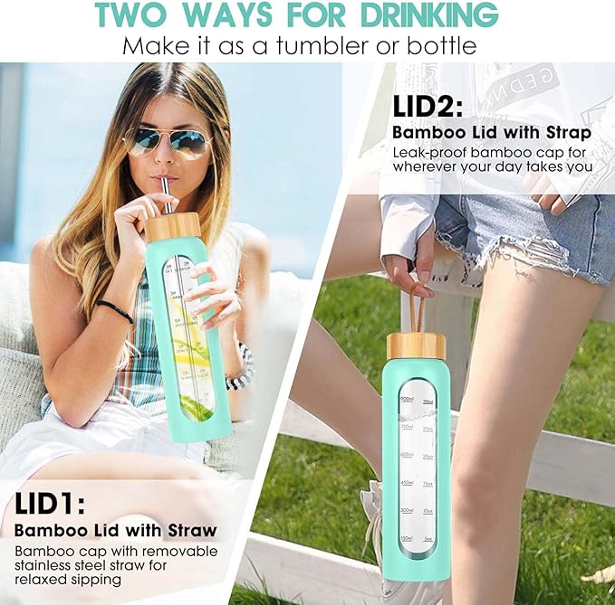 32 oz Glass Water Bottle with Straw - Motivational Time Marker &amp; Silicone Sleeve - Reusable Tumbler Includes 2 Bamboo Lids &amp; Fruit Infuser - 1 Pack