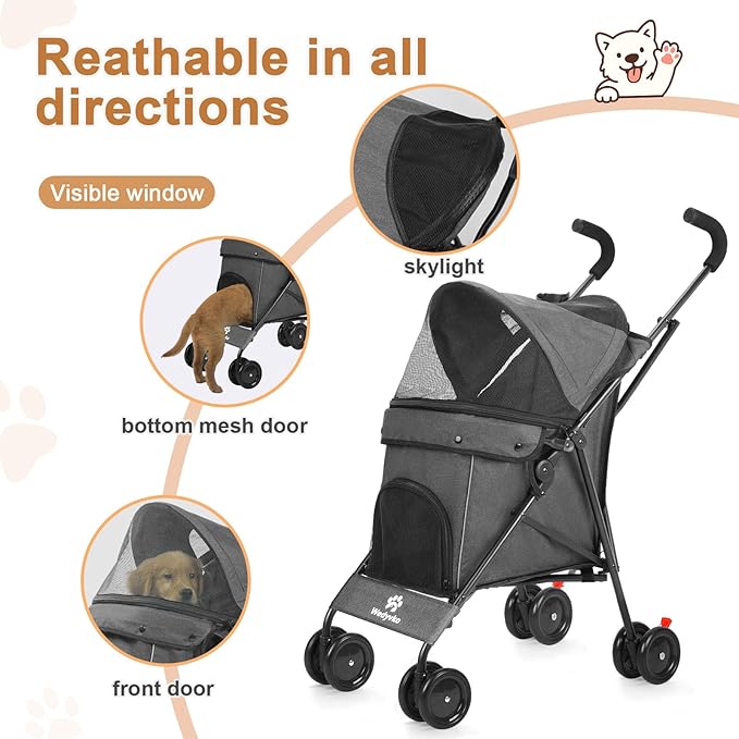 Wedyvko Travel Portable Dog Stroller, Pet Stroller for Small Puppy Dogs &amp; Cats, Up to 33 lbs, Dark Grey