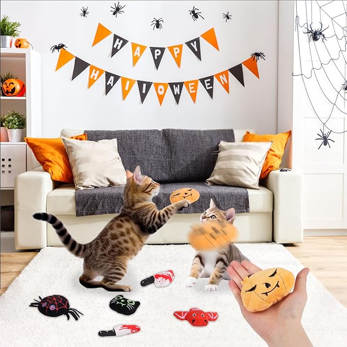 LOMIMOS 6Pcs Halloween Catnip Toys,Cat Toys Chew Bite Plush Toy with Crinkle Paper Kitten Pumpkin Spider Bat Knife for Indoor Interactive Play &amp; Exercise