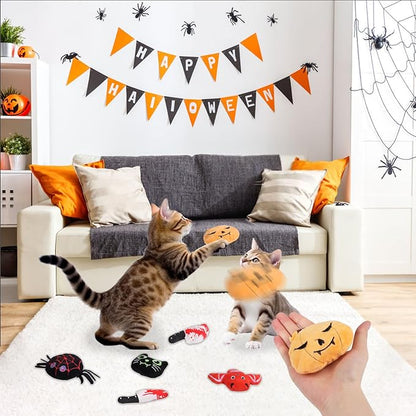 LOMIMOS 6Pcs Halloween Catnip Toys,Cat Toys Chew Bite Plush Toy with Crinkle Paper Kitten Pumpkin Spider Bat Knife for Indoor Interactive Play &amp; Exercise