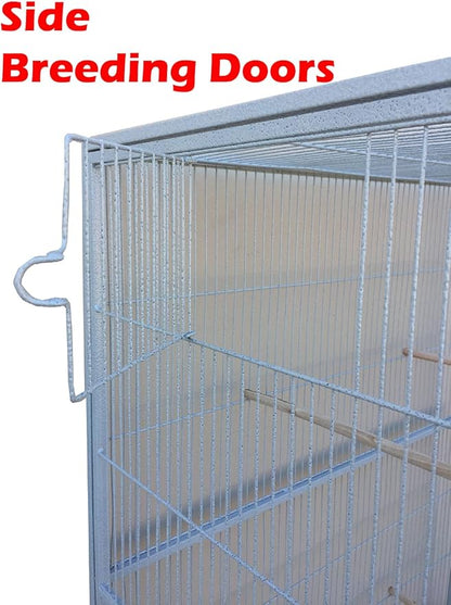Large Double Center Divider Birdhouse Treehouse Bird Flight Parrot Breeder Cage Feeder Doors Side Breeding Nest Doors Easy Clean Pull Out Tray with Removable Rolling Stand