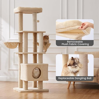 Gardner Pet 65in Heavy Duty Cat Tree Tower for Large Cats, Multi-Level Cat Furniture with Replaceable Sisal Scratching Post, Hammock | Extra-Large Platform &amp; Condo (Beige)