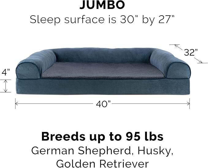 Furhaven Orthopedic Dog Bed for Large Dogs w/ Removable Bolsters &amp; Washable Cover, For Dogs Up to 95 lbs - Sherpa &amp; Chenille Sofa - Orion Blue, Jumbo/XL