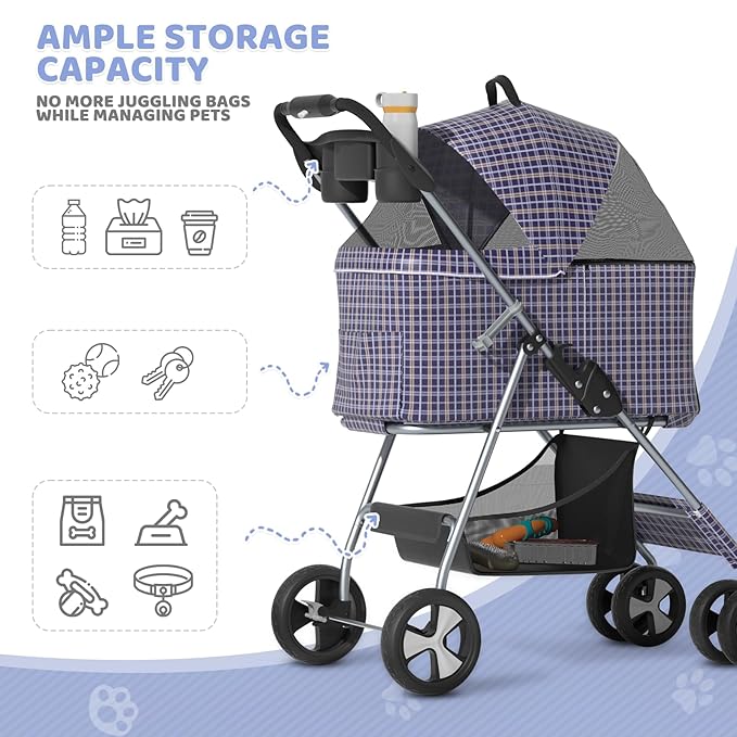 Magshion Foldable Pet Stroller, 3-in-1 Dog Travel Jogger with Detachable Carrier, Cup Holder, Storage Basket, Folding Carrier for Small/Medium Dogs &amp; Cats Up to 33 lbs, Plaid