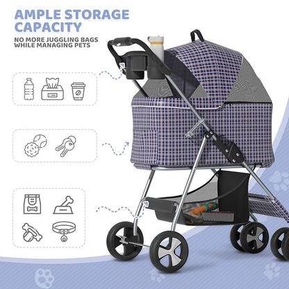 Magshion Foldable Pet Stroller, 3-in-1 Dog Travel Jogger with Detachable Carrier, Cup Holder, Storage Basket, Folding Carrier for Small/Medium Dogs &amp; Cats Up to 33 lbs, Plaid