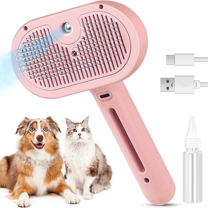 Steam Brush for Shedding Pets - Self-Cleaning Grooming Comb with Water Tank for Long &amp; Short Haired Cats and Dogs (Pink)