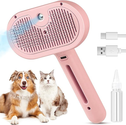 Steam Brush for Shedding Pets - Self-Cleaning Grooming Comb with Water Tank for Long &amp; Short Haired Cats and Dogs (Pink)