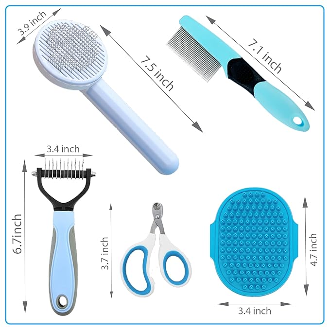 Grooming Brush Kit - 5pcs for Shedding &amp; Matted Fur, Self-Cleaning with Flea Comb for Indoor Long-Haired Cats, Blue