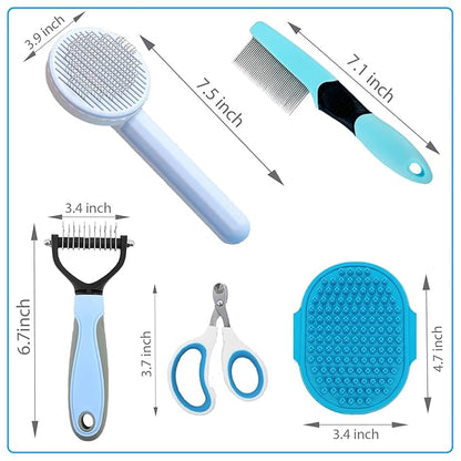 Grooming Brush Kit - 5pcs for Shedding &amp; Matted Fur, Self-Cleaning with Flea Comb for Indoor Long-Haired Cats, Blue
