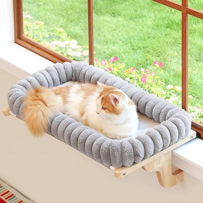 Cat Perch for Window Sill with 4-Sided Bolster - Orthopedic Cat Window Hammock - Solid Hardwood &amp; Metal Frame - Window Seat for Pets (Natural Color Wood w/Gray Bed, Medium)