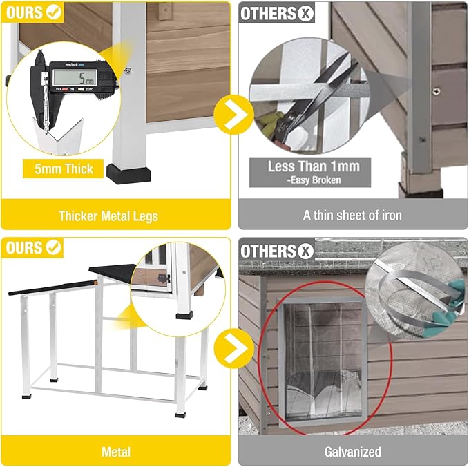 Chew-Resistant Dog House with Metal Frame, Wooden Kennel for Indoor &amp; Outdoor Use, Waterproof Roof &amp; Feeding Bowls Included (Brown, L)