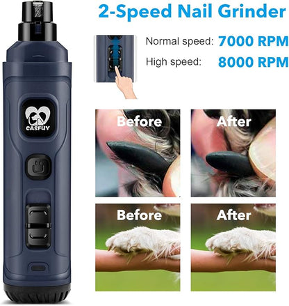 Casfuy Dog Nail Grinder with 2 LED Light - New Version 2-Speed Powerful Electric Pet Nail Trimmer Professional Quiet Painless Paws Grooming &amp; Smoothing for Small Medium Large Dogs and Cats (Blue)