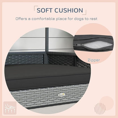 PawHut Wicker Dog House Outdoor with Canopy, Rattan Dog Bed with Water-Resistant Cushion, Raised Dog Bed for Small, Medium Dogs up to 66 lbs, 19.75" in Length, Silver Wicker, Gray Cushion