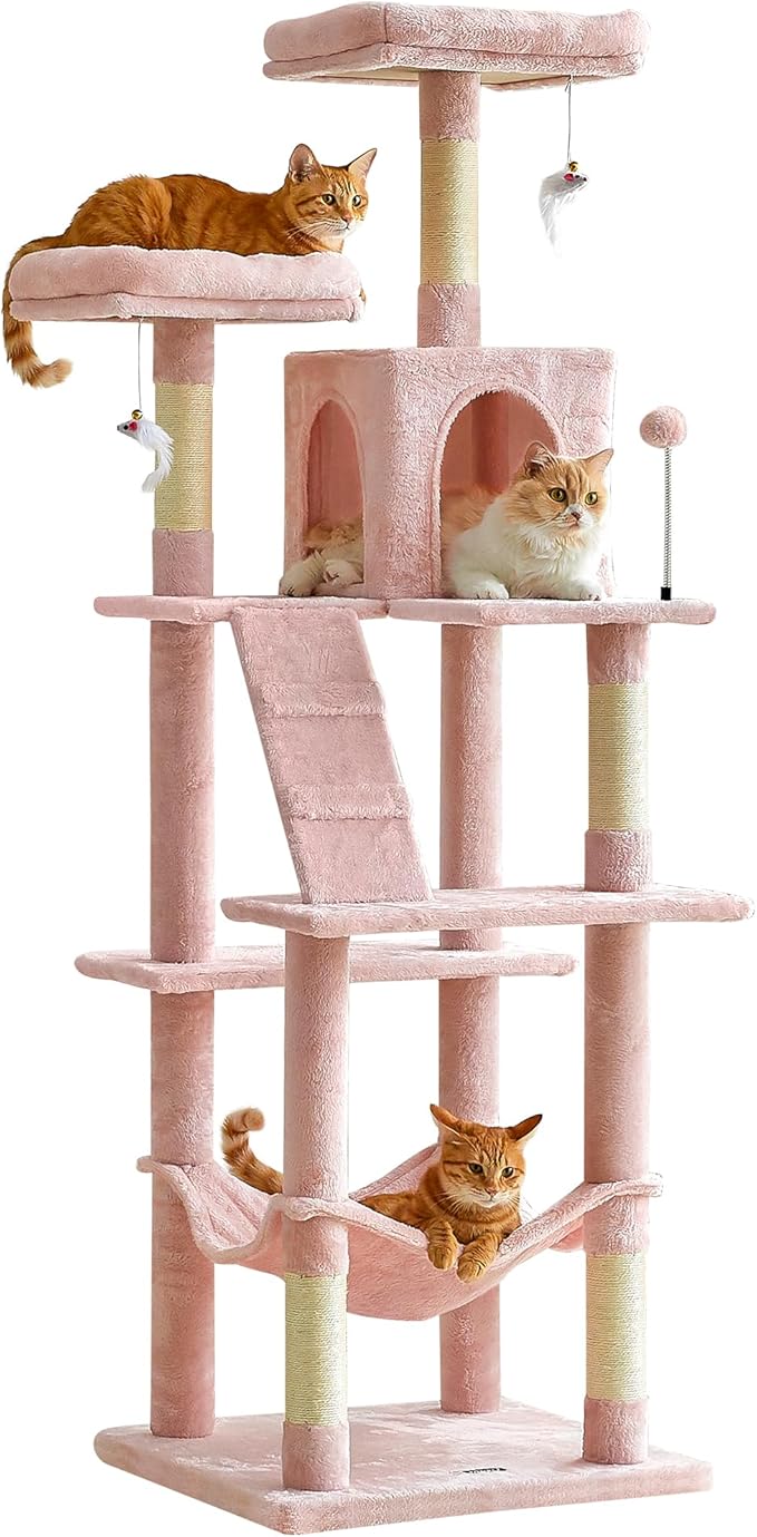 MWPO 70.1-Inch Pink Large Cat Tree, Multi-Level Tall Cat Tower for Indoor Cats, Plush Cat Condo with Big Padded Perches, Sisal-Covered Scratching Posts, Hammock, Toys for Kittens &amp; Cats