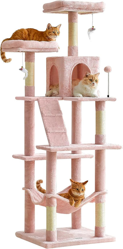 MWPO 70.1-Inch Pink Large Cat Tree, Multi-Level Tall Cat Tower for Indoor Cats, Plush Cat Condo with Big Padded Perches, Sisal-Covered Scratching Posts, Hammock, Toys for Kittens &amp; Cats
