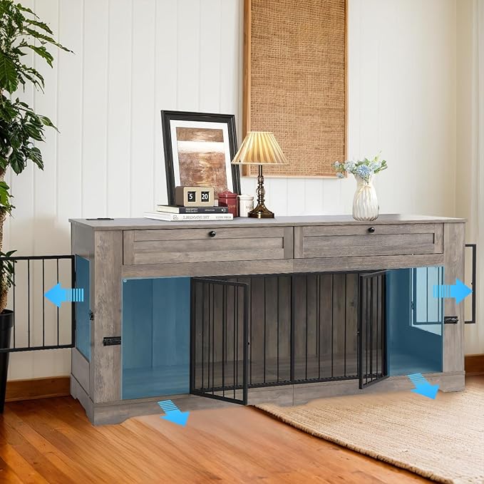 Large Dog Crate Furniture-Decorative Heavy Duty Dog Cage Indoor, Wooden Dog Cage End Table with Charging Station, Dog House with 2 Drawers (Gray, 70.86&
