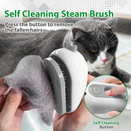 Cat Steam Brush with Release Button, 3 in 1 Rechargeable Pet Spray Water Comb for Long &amp; Short Hair Removal, Self Cleaning Slicker Vapor Brush for Indoor Cats Dogs Rabbits Shedding Grooming