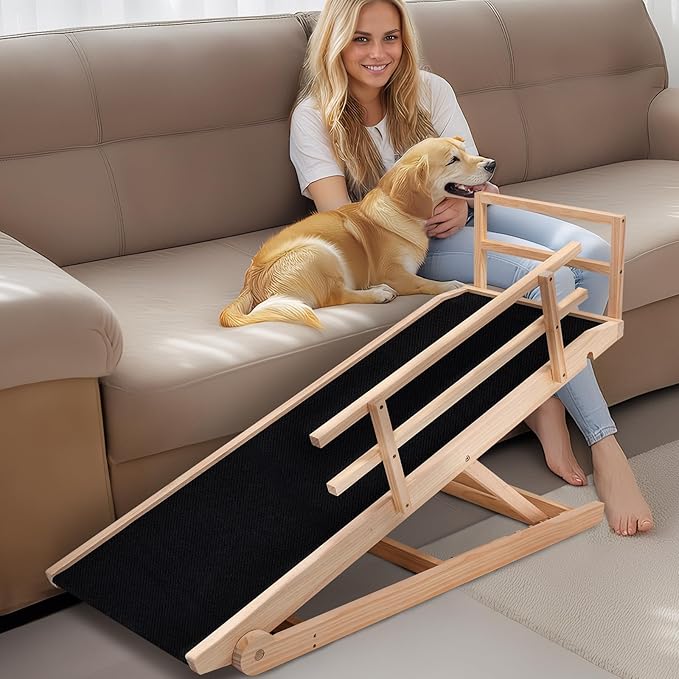 Dog Ramp, 5 Level Adjustable Height Folding Pet Ramp for High Bed, Portable Paw Ramps Large Bed Ramp for Medium &amp; Large Old Dogs &amp; Cats - Natural Wood Furniture Quality