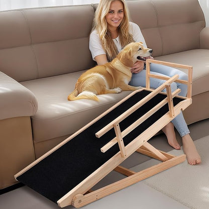 Dog Ramp, 5 Level Adjustable Height Folding Pet Ramp for High Bed, Portable Paw Ramps Large Bed Ramp for Medium &amp; Large Old Dogs &amp; Cats - Natural Wood Furniture Quality