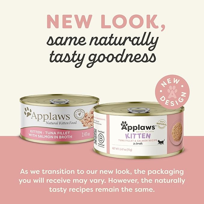 Applaws Natural Wet Kitten Food in Broth, Limited Ingredient Canned Wet Kitten Food, No Additives, Made with Natural Ingredients, Tuna Fillet &amp; Salmon in Broth (24 x 2.47oz Cans)