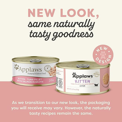 Applaws Natural Wet Kitten Food in Broth, Limited Ingredient Canned Wet Kitten Food, No Additives, Made with Natural Ingredients, Tuna Fillet &amp; Salmon in Broth (24 x 2.47oz Cans)