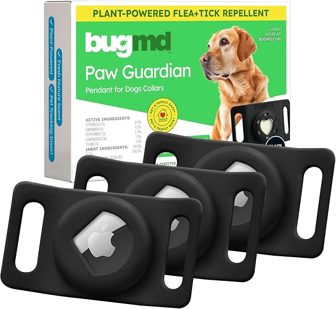 BugMD Paw Guardian Flea &amp; Tick Pendant (3-Pack) with AirTag Holder – Plant-Based Flea &amp; Tick Prevention for Dogs – Pet Collar Tag &amp; GPS Tracker Holder for Dogs – Black