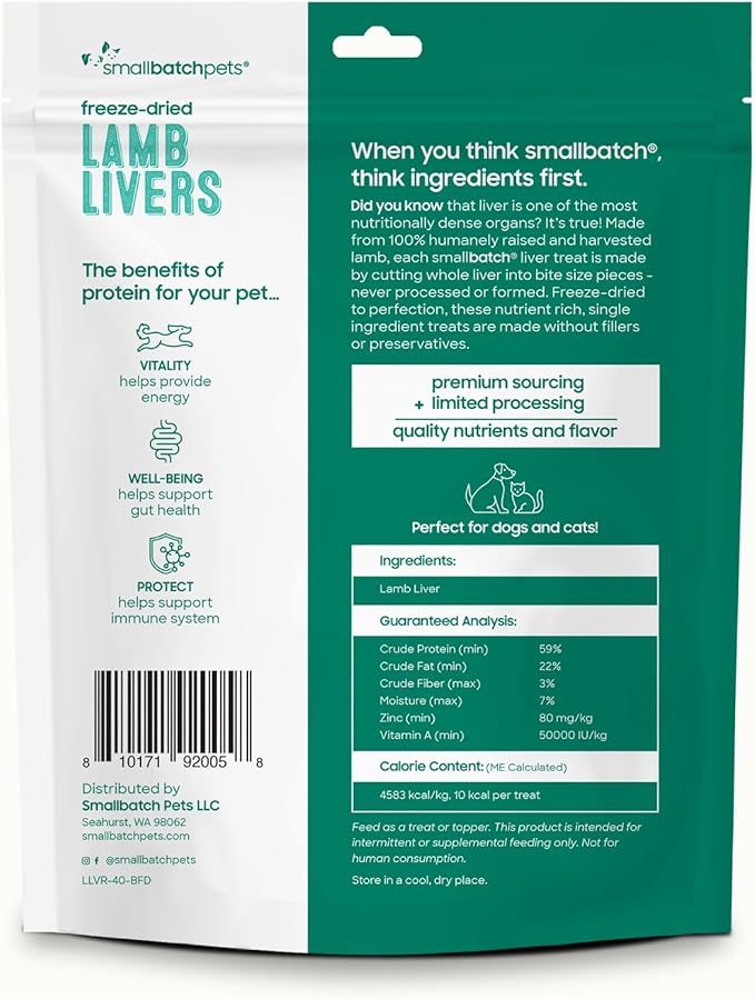 smallbatch Freeze Dried Dog Treats, Lamb Liver Treats for Dogs &amp; Cats, High Protein, Single Ingredient Dog Treat for Training or Food Topper, Natural, Humanely Sourced Meat, Made in The USA, 4 oz