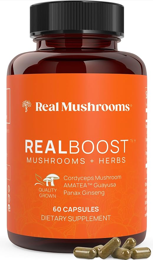 Real Mushrooms RealBoost Capsules – Cordyceps Mushroom, Panax Ginseng &amp; Guayusa Extract – for Overall Wellness &amp; Energy Support – Vegan, Non-GMO, No Fillers – 60 Count Mushroom Supplement Blend