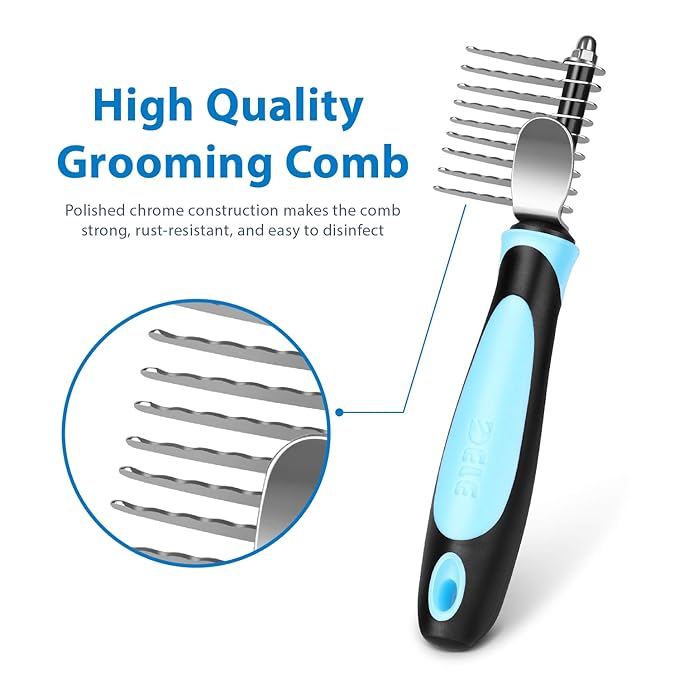 Flexzion Dogs Dematting Comb, Stainless Steel Blades Rakes, for Pets Cats Animals Matted Knotted Hair, Brush Cutting Removing Grooming Tool with Smooth Teeth Needle - Black &amp; Blue Handle