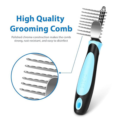 Flexzion Dogs Dematting Comb, Stainless Steel Blades Rakes, for Pets Cats Animals Matted Knotted Hair, Brush Cutting Removing Grooming Tool with Smooth Teeth Needle - Black &amp; Blue Handle
