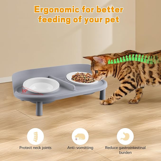 Elevated Cat Bowls, Tilted Rised Cat Food and Water Bowl with 2 Pcs Ceramic Pet Bowls, Rised Stand, Pet Dish Anti Vomiting Feeding Station for All Sized Cats &amp; Small Dogs (Grey)