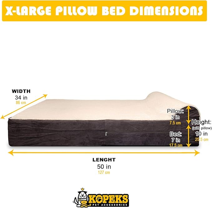 KOPEKS Jumbo Orthopedic Dog Bed - 7-inch Thick Memory Foam Pet Bed with Pillow with Removable Cover &amp; Free Waterproof Liner - for Large Breed Dogs, XL, Brown-Plush Top