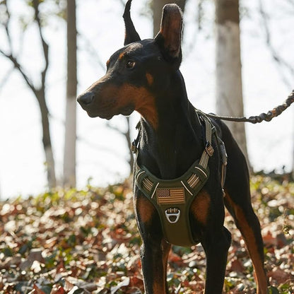 BUMBIN Tactical Dog Harness for Large Dogs, No Pull, Reflective, Green, L(Neck:19-25", Chest:21-35")