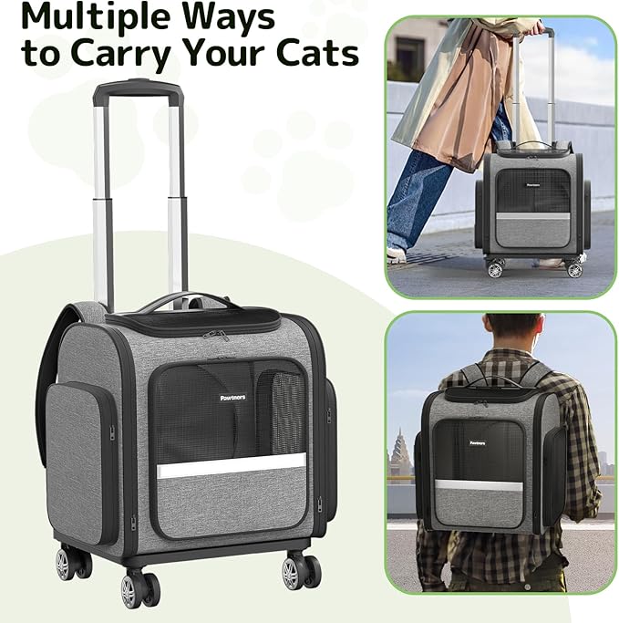 Rolling Cat Carrier with Wheels: Dog Carrier for Small Dogs &amp; Large Cats, Expandable Pet Carrier on Wheels with Cat Play Tunnel, Large Capacity, Breathable Mesh, Side Pocket, Grey