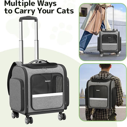 Rolling Cat Carrier with Wheels: Dog Carrier for Small Dogs &amp; Large Cats, Expandable Pet Carrier on Wheels with Cat Play Tunnel, Large Capacity, Breathable Mesh, Side Pocket, Grey