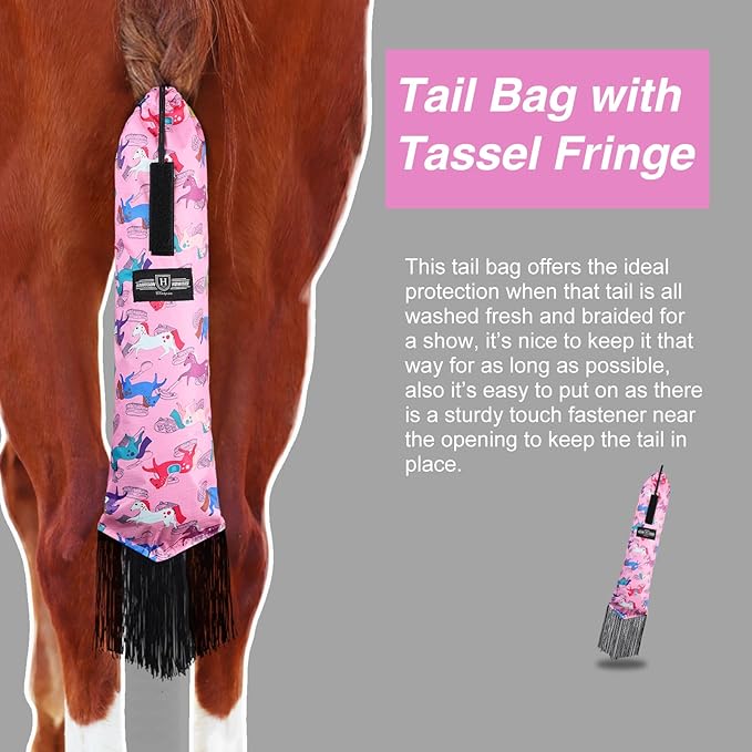 Harrison Howard Smooth Lightweight Adjustable Fastener Nylon Horse Tail Bag with Fringe