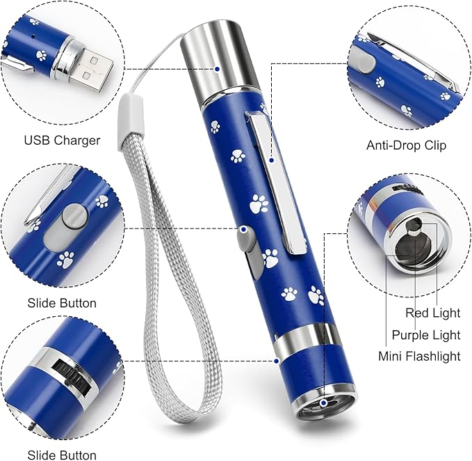 EAWONGEE Rechargeable Cat Toys - Indoor/Outdoor Cats Chase Light Toy for Kitty &amp; Dog with 3 Light Modes, 5 Patterns, Blue