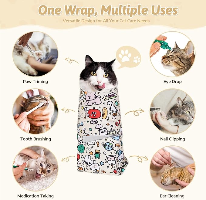 3-in-1 Cat Grooming Restraint Bag for Nail Trimming, Ear Cleaning &amp; Medicine - Escape-Proof Design with Anti-Scratch Lining, Calming Pressure - Fits Cats &amp; Kittens Up to 15lbs
