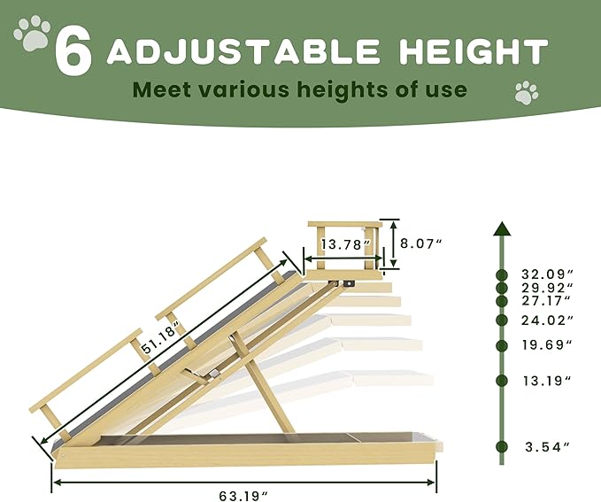 6 Level Height Adjustable Dog Ramp for Bed, Couch 65" Foldable Pet Ramp with Non-Slip Mat，DIY Glow Strips &amp; Rest Platform Heavy Duty Dog Stairs for Large Dogs up to 200Lbs ，Wood Color