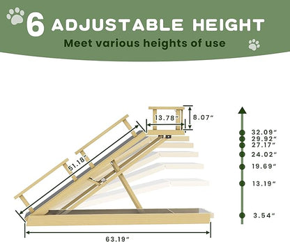 6 Level Height Adjustable Dog Ramp for Bed, Couch 65" Foldable Pet Ramp with Non-Slip Mat，DIY Glow Strips &amp; Rest Platform Heavy Duty Dog Stairs for Large Dogs up to 200Lbs ，Wood Color
