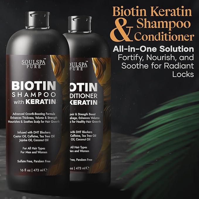 Biotin Shampoo and Conditioner Set with Keratin - Sulfate-Free Advanced Anti-Thinning, Hair Growth Shampoo and Conditioner Combo Repair Formula - with DHT Blockers, for Men &amp; Women - 16 fl oz each