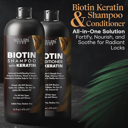 Biotin Shampoo and Conditioner Set with Keratin - Sulfate-Free Advanced Anti-Thinning, Hair Growth Shampoo and Conditioner Combo Repair Formula - with DHT Blockers, for Men &amp; Women - 16 fl oz each