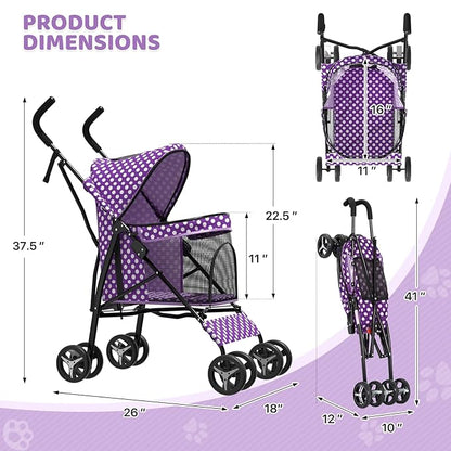 Magshion Compact Pet Stroller for Small-Medium Dogs/Cats up to 22lbs, 4-Wheel Lightweight Umbrella Shaped Portable Puppy Travel Jogger with Breathable Mesh &amp; Rear Storage, Purple Polka Dots