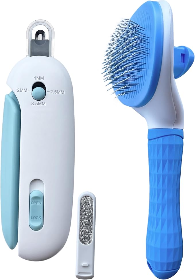 Pet Gromming Kit Nail Clipper&amp;Hair Brush for Dog&amp;Cat Brush Self Cleaning Slicker Brush with Release Button, Dog Shedding Brush for Cat Grooming Comb Rabbit Nail Clipper with Nail File Dog Claw Trimmer