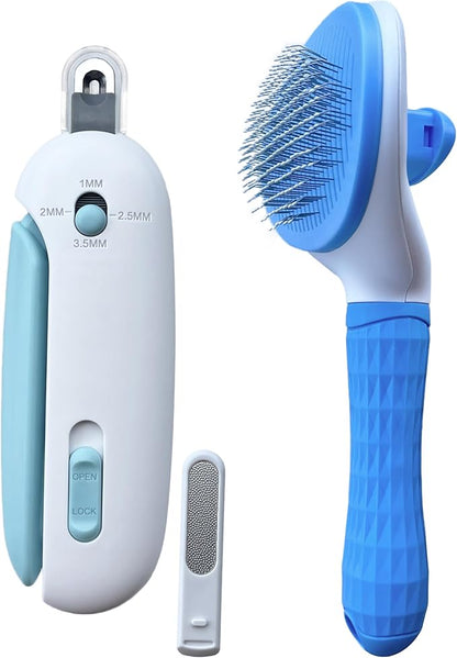 Pet Gromming Kit Nail Clipper&amp;Hair Brush for Dog&amp;Cat Brush Self Cleaning Slicker Brush with Release Button, Dog Shedding Brush for Cat Grooming Comb Rabbit Nail Clipper with Nail File Dog Claw Trimmer